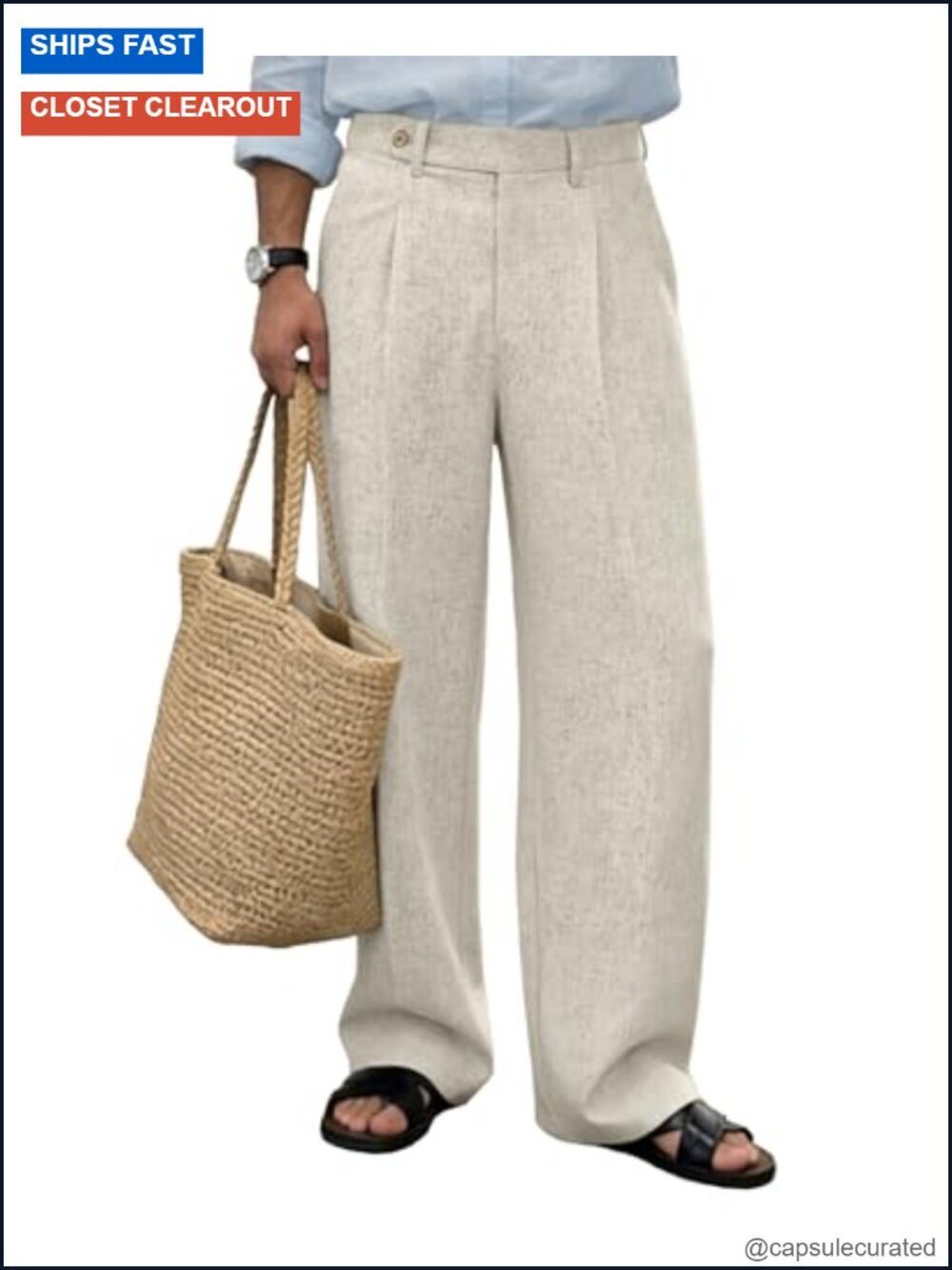 Linen Blend Pleated Wide Leg Dress Pants with Elastic Waistband